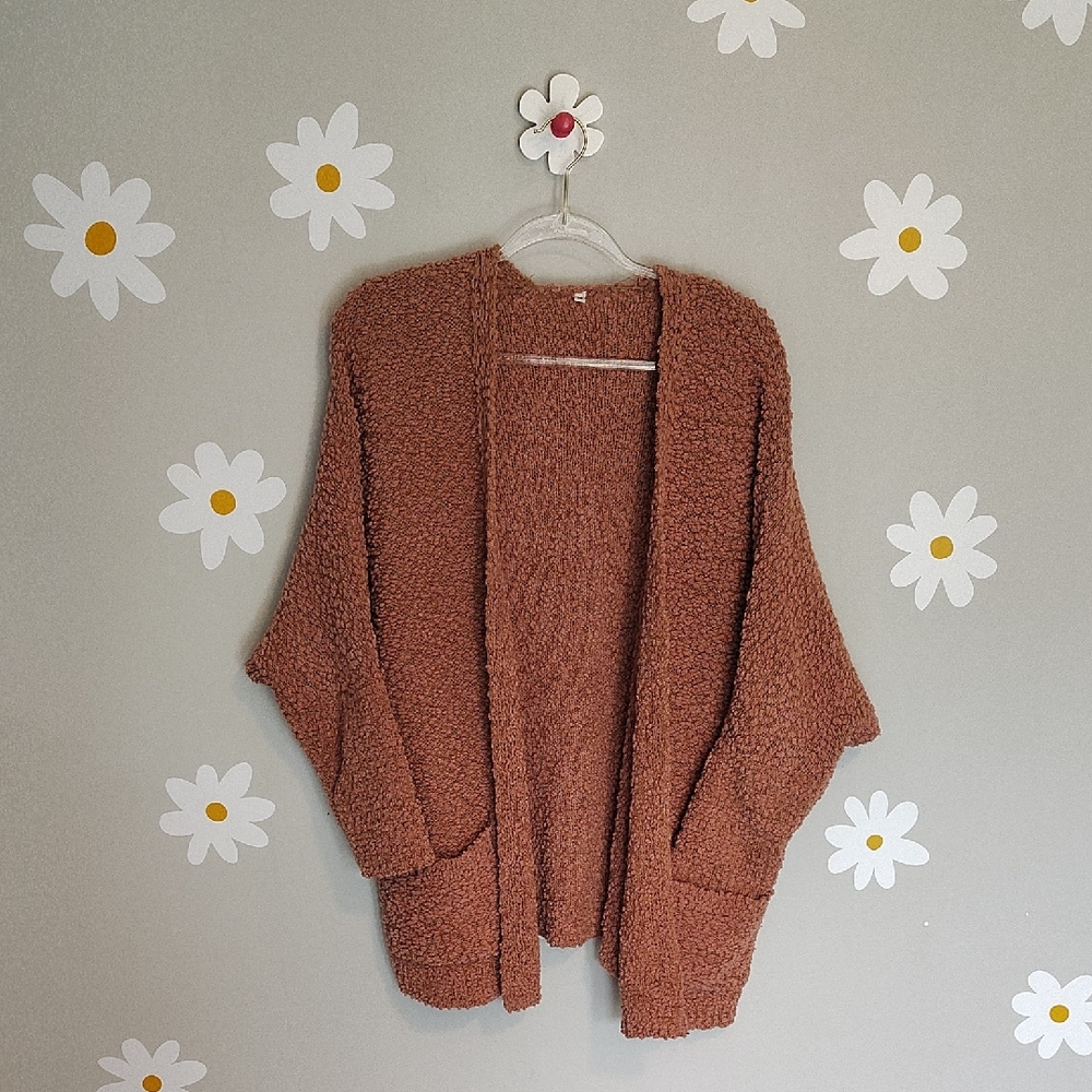 Camel Tan Brown Textured Woven Open Cardigan Sweater